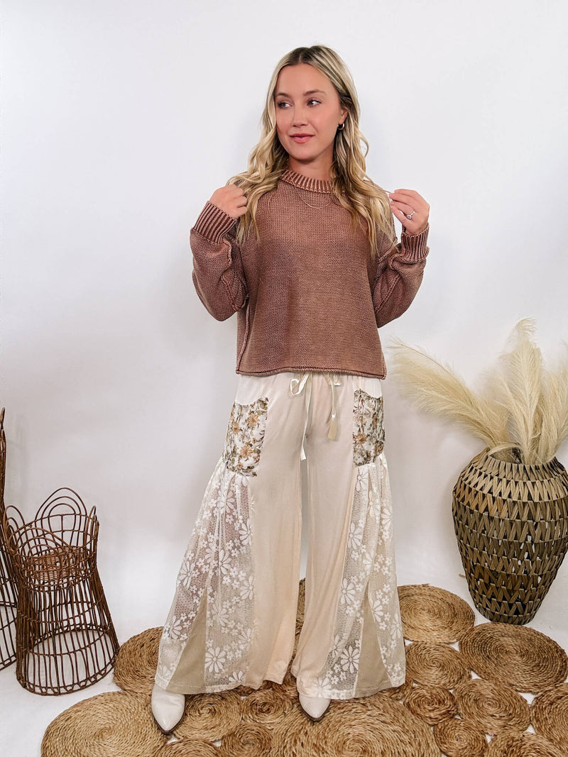 POL Lace and Floral Wide Leg Boho Pants in cream with floral accents and lace details.