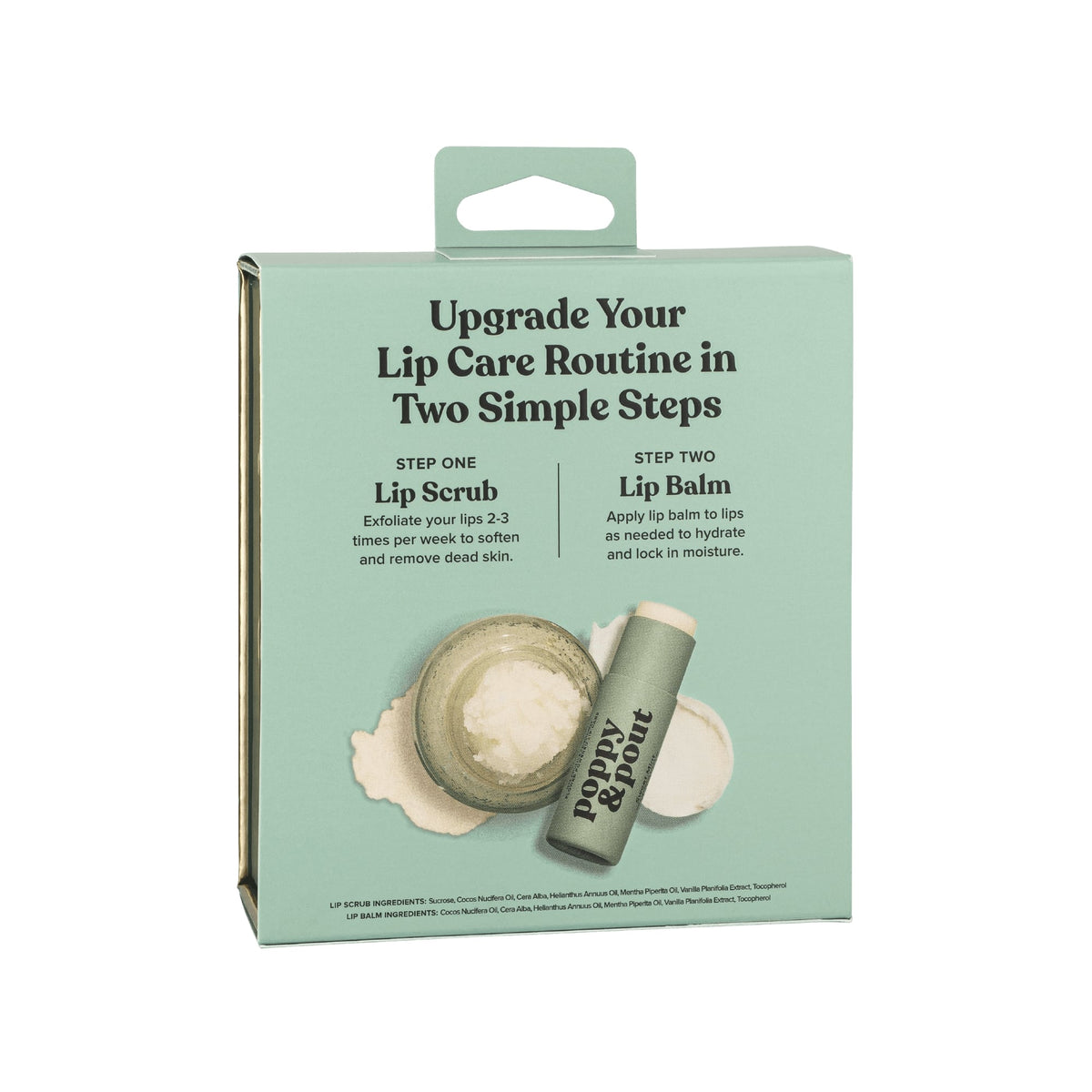 Poppy & Pout Lip Care Duo Gift Set featuring Sweet Mint lip scrub and lip balm, eco-friendly packaging, and natural ingredients.