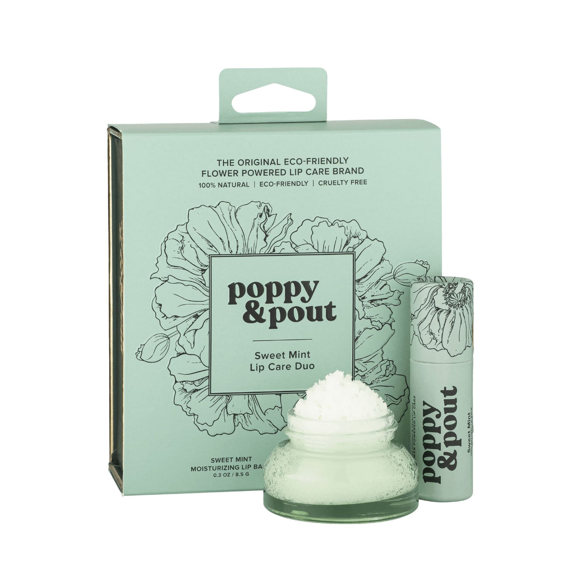 Poppy & Pout Lip Care Duo Gift Set featuring Sweet Mint lip scrub and lip balm, eco-friendly packaging, and natural ingredients.