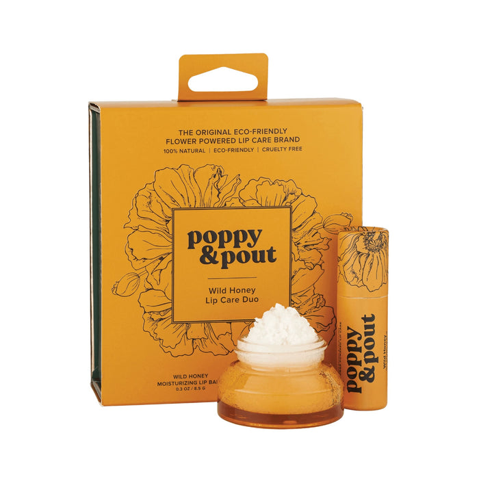 Poppy & Pout Lip Care Duo Gift Set in Wild Honey featuring a lip scrub and hydrating lip balm in eco-friendly packaging.