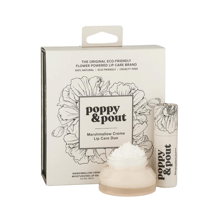 Poppy & Pout Lip Care Duo Gift Set featuring Marshmallow Creme lip scrub and lip balm in eco-friendly packaging.