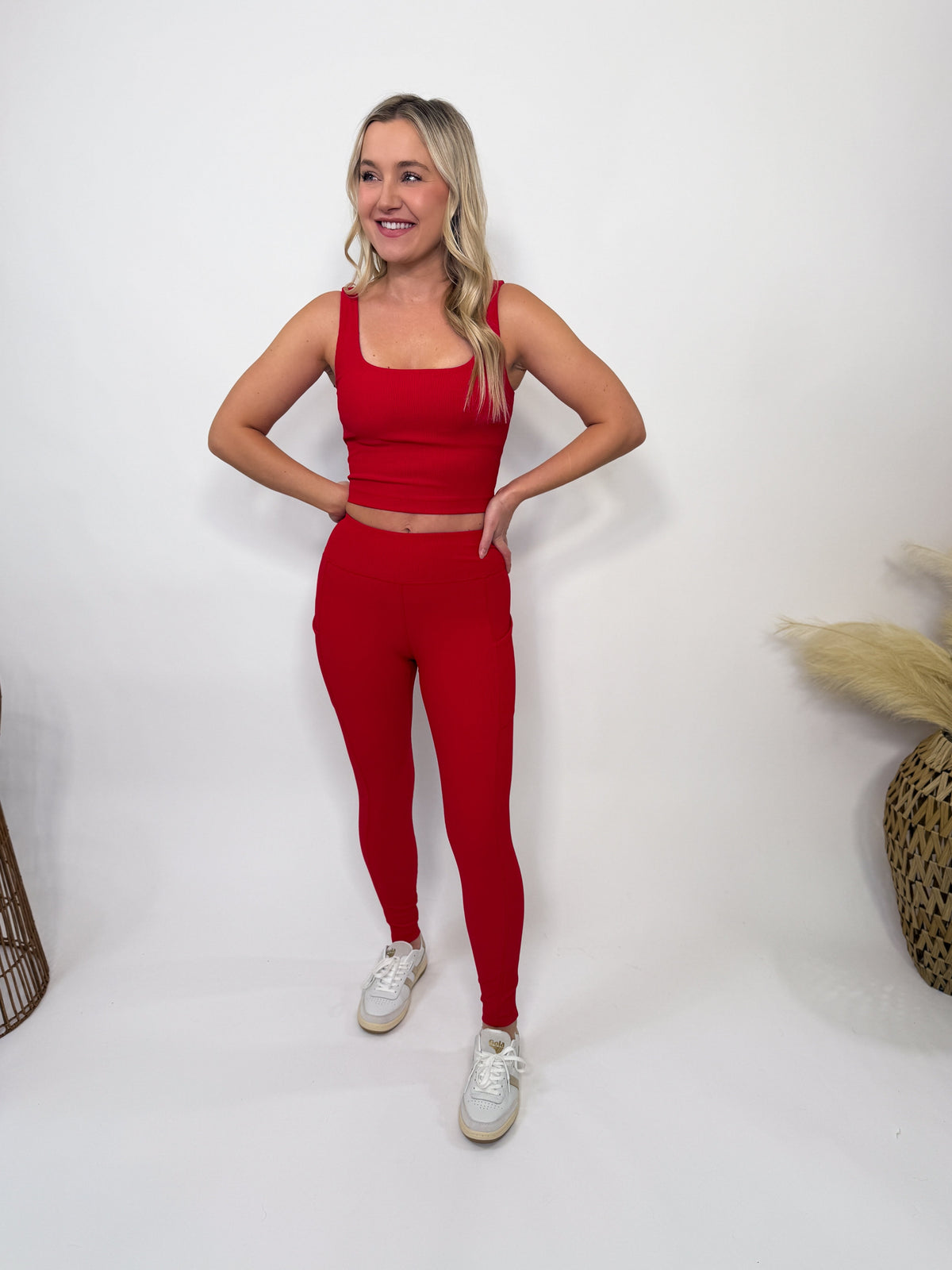 Rae Mode Red ribbed square neck padded tank top cropped fit, perfect for yoga, workouts, running errands, and lounging.