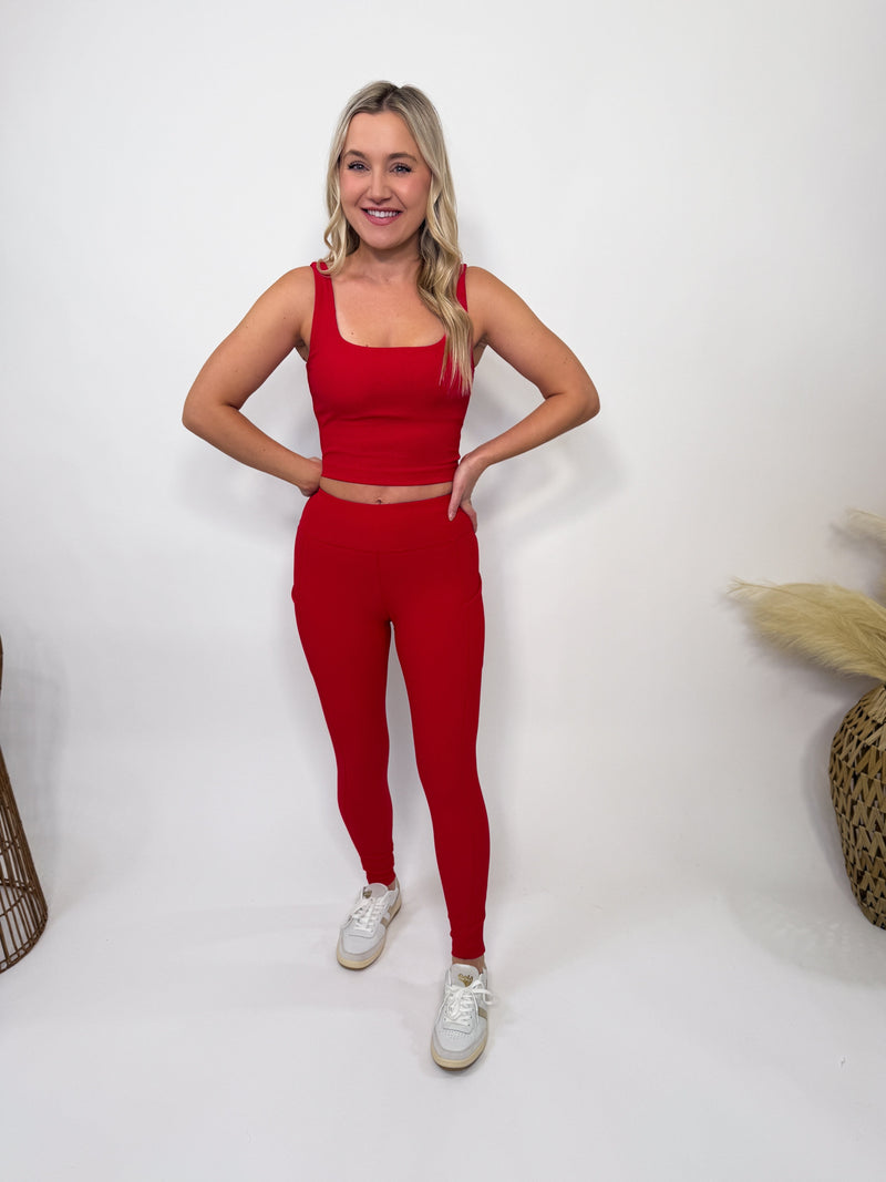 Rae Mode Red ribbed square neck padded tank top cropped fit, perfect for yoga, workouts, running errands, and lounging.