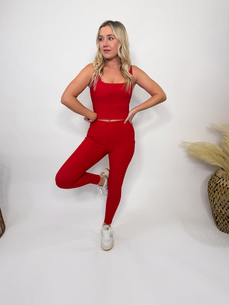 Rae Mode Red ribbed square neck padded tank top cropped fit, perfect for yoga, workouts, running errands, and lounging.