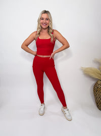 Rae Mode Red ribbed square neck padded tank top cropped fit, perfect for yoga, workouts, running errands, and lounging.