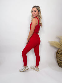 Rae Mode Red ribbed square neck padded tank top cropped fit, perfect for yoga, workouts, running errands, and lounging.