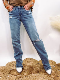 Vervet by Flying Monkey High Rise Slim Wide Distressed Jeans with 11" Rise, 32" Inseam, Comfort Stretch Denim, and Rollable Cuffs – Trendy and Versatile Casual Denim.