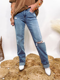 Vervet by Flying Monkey High Rise Slim Wide Distressed Jeans with 11" Rise, 32" Inseam, Comfort Stretch Denim, and Rollable Cuffs – Trendy and Versatile Casual Denim.