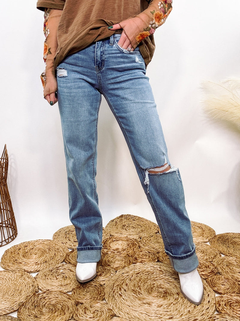 Vervet by Flying Monkey High Rise Slim Wide Distressed Jeans with 11" Rise, 32" Inseam, Comfort Stretch Denim, and Rollable Cuffs – Trendy and Versatile Casual Denim.