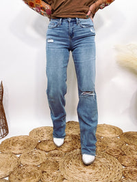 Vervet by Flying Monkey High Rise Slim Wide Distressed Jeans with 11" Rise, 32" Inseam, Comfort Stretch Denim, and Rollable Cuffs – Trendy and Versatile Casual Denim.