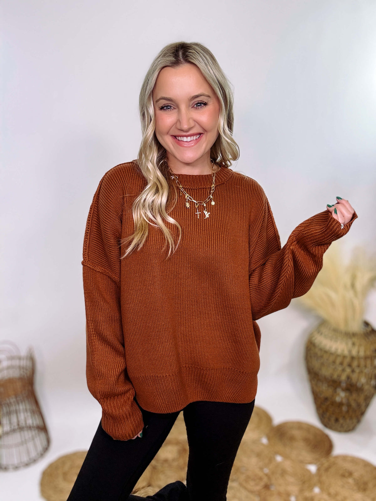 Rust Oversized Long Sleeve Sweater with Soft Stretchy Ribbed Knit, Crew Neckline, Drop Shoulders, and Ribbed Accents – Cozy and Stylish Fall and Winter Layering Piece.