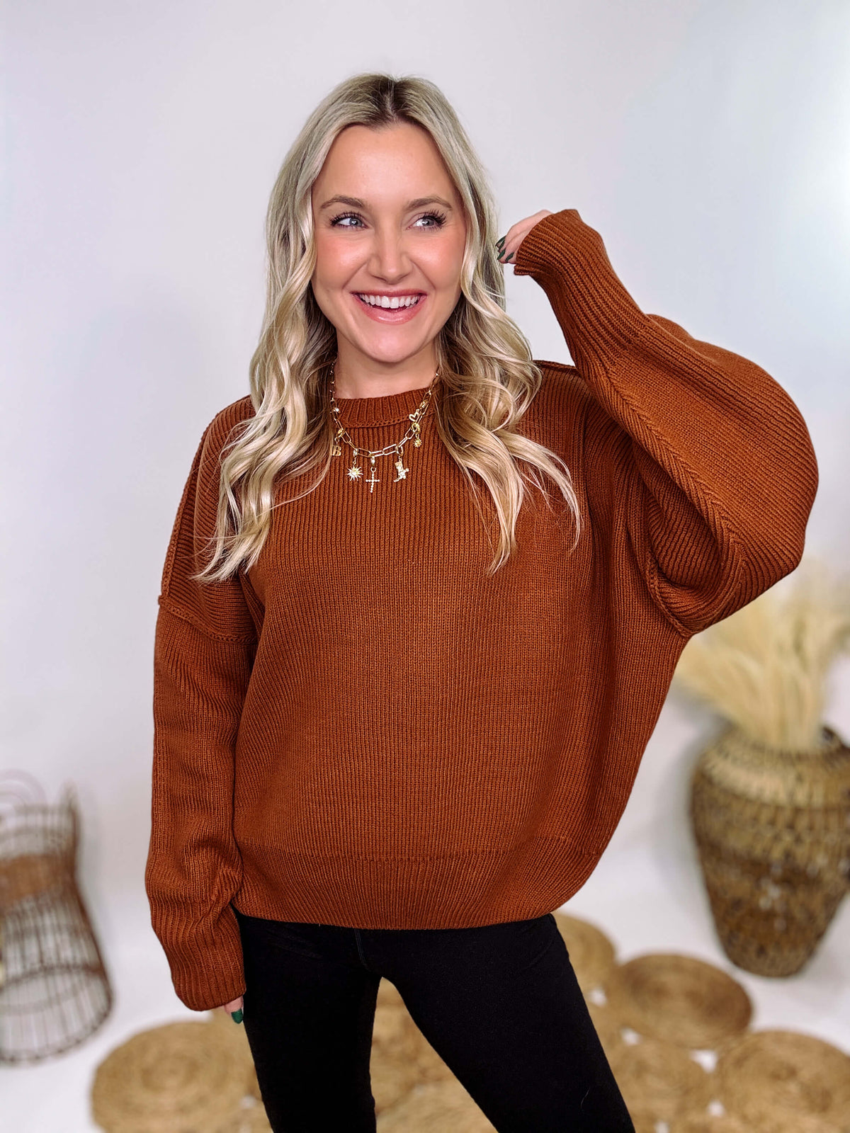 Rust Oversized Long Sleeve Sweater with Soft Stretchy Ribbed Knit, Crew Neckline, Drop Shoulders, and Ribbed Accents – Cozy and Stylish Fall and Winter Layering Piece.