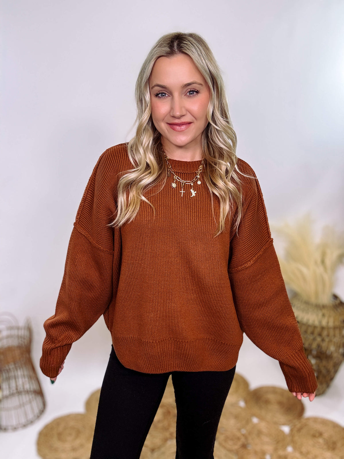 Rust Oversized Long Sleeve Sweater with Soft Stretchy Ribbed Knit, Crew Neckline, Drop Shoulders, and Ribbed Accents – Cozy and Stylish Fall and Winter Layering Piece.