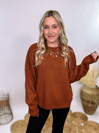 Rust Oversized Long Sleeve Sweater with Soft Stretchy Ribbed Knit, Crew Neckline, Drop Shoulders, and Ribbed Accents – Cozy and Stylish Fall and Winter Layering Piece.