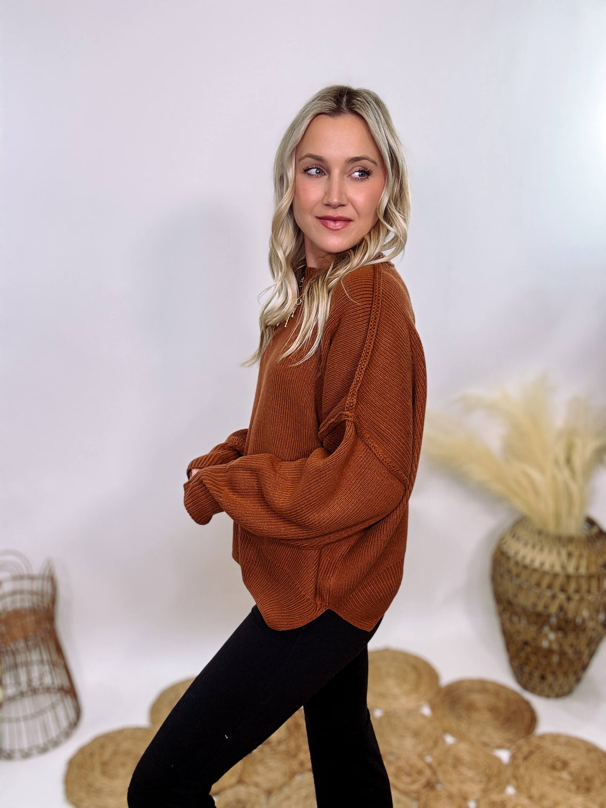 Rust Oversized Long Sleeve Sweater with Soft Stretchy Ribbed Knit, Crew Neckline, Drop Shoulders, and Ribbed Accents – Cozy and Stylish Fall and Winter Layering Piece.