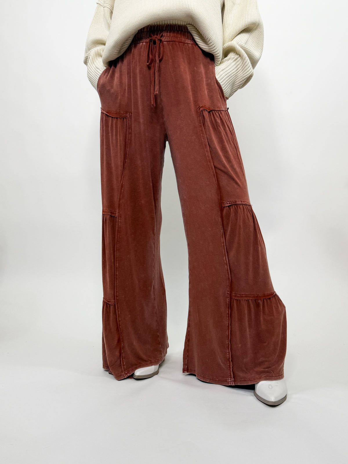 Rusty Brick Acid Washed Tiered Flared Wide Leg Boho Pants