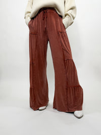 Rusty Brick Acid Washed Tiered Flared Wide Leg Boho Pants