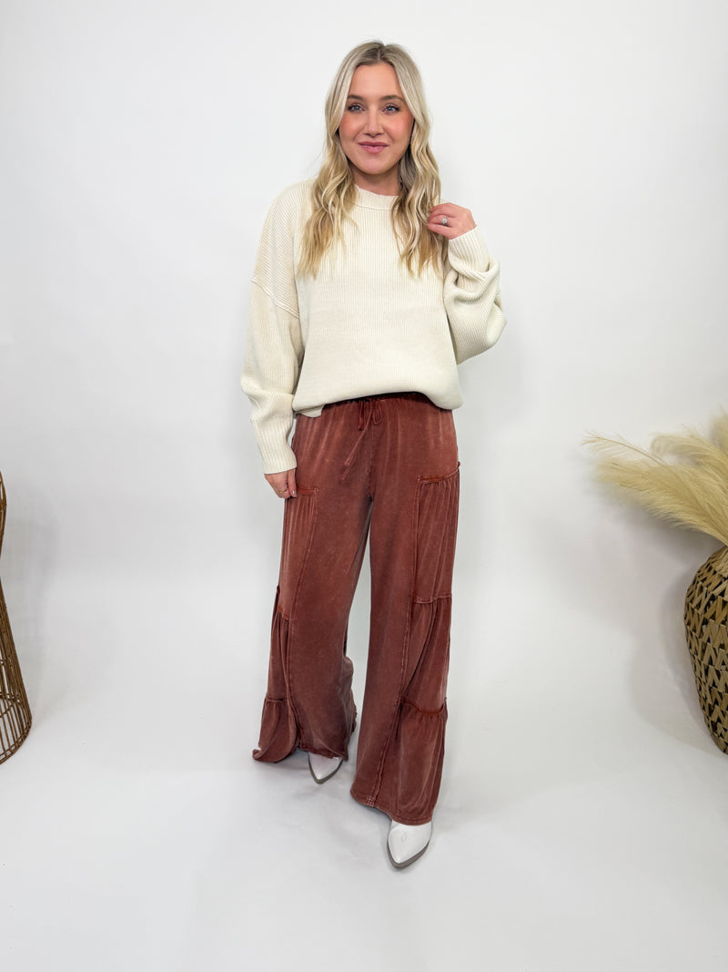 Rusty Brick Acid Washed Tiered Flared Wide Leg Boho Pants