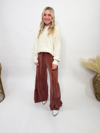 Rusty Brick Acid Washed Tiered Flared Wide Leg Boho Pants