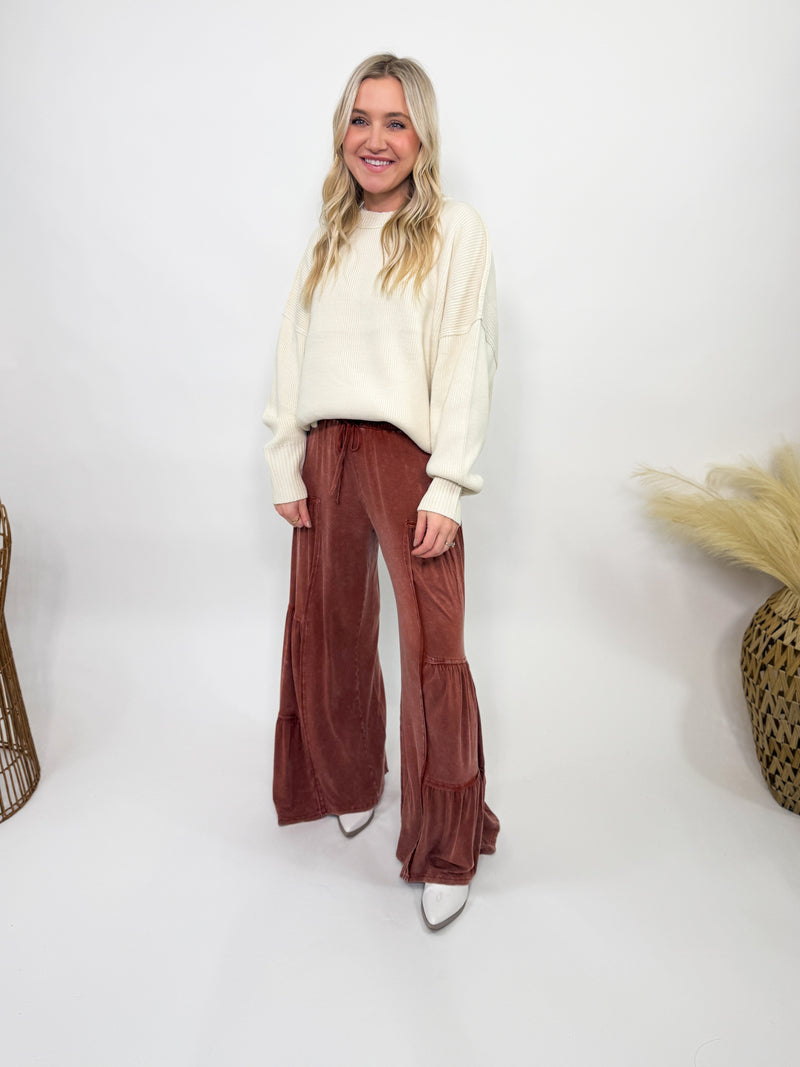 Rusty Brick Acid Washed Tiered Flared Wide Leg Boho Pants