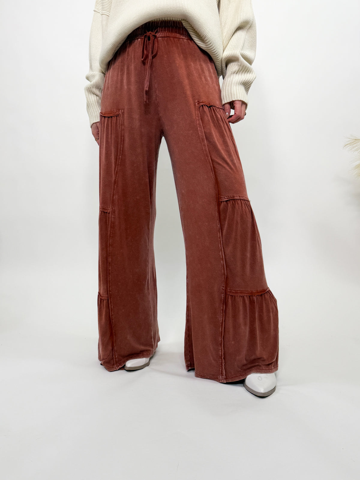 Rusty Brick Acid Washed Tiered Flared Wide Leg Boho Pants