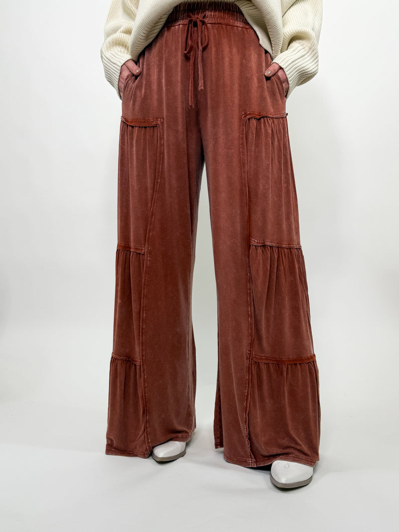 Rusty Brick Acid Washed Tiered Flared Wide Leg Boho Pants