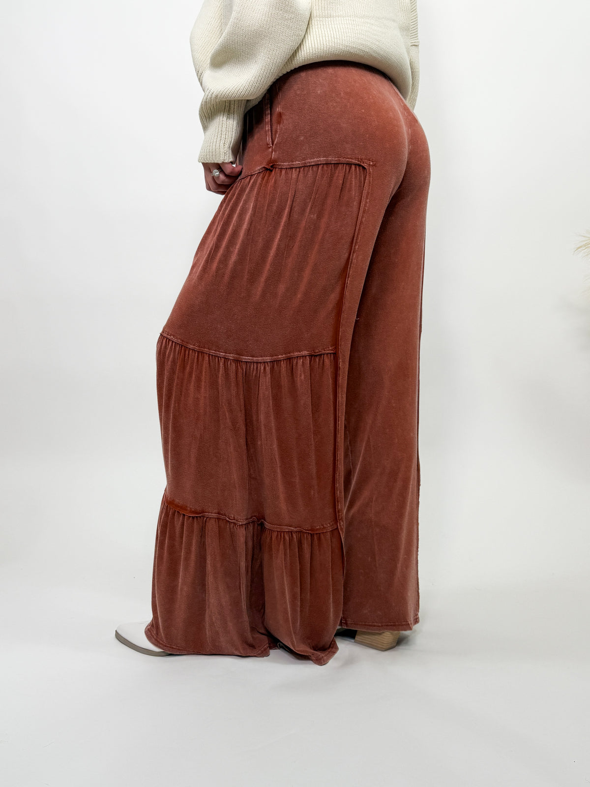 Rusty Brick Acid Washed Tiered Flared Wide Leg Boho Pants