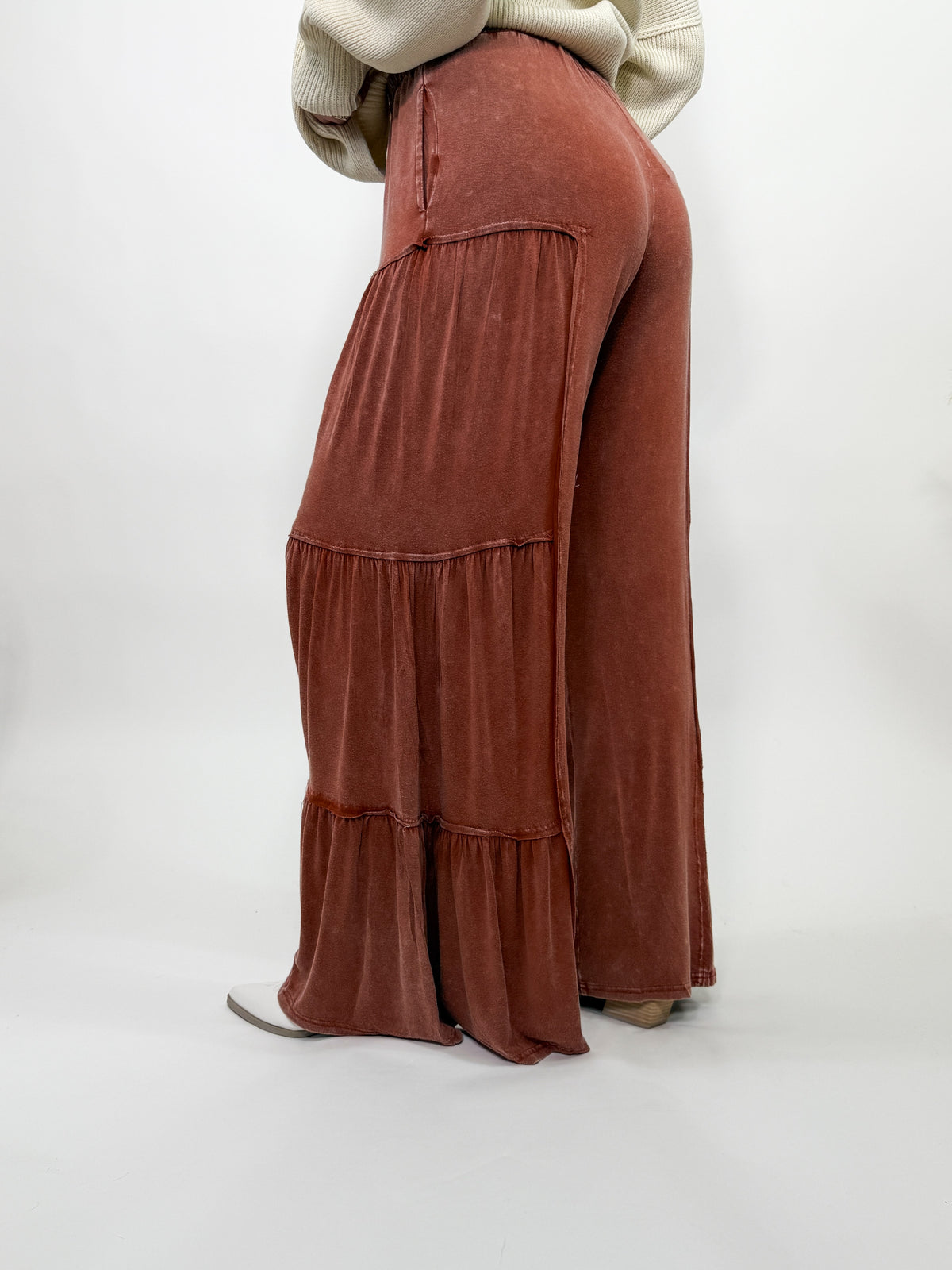 Rusty Brick Acid Washed Tiered Flared Wide Leg Boho Pants