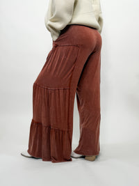 Rusty Brick Acid Washed Tiered Flared Wide Leg Boho Pants