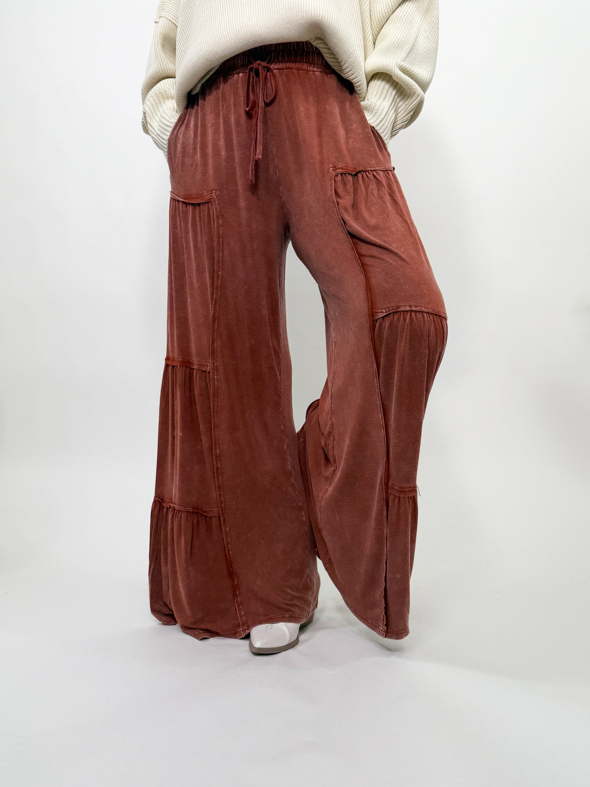 Rusty Brick Acid Washed Tiered Flared Wide Leg Boho Pants