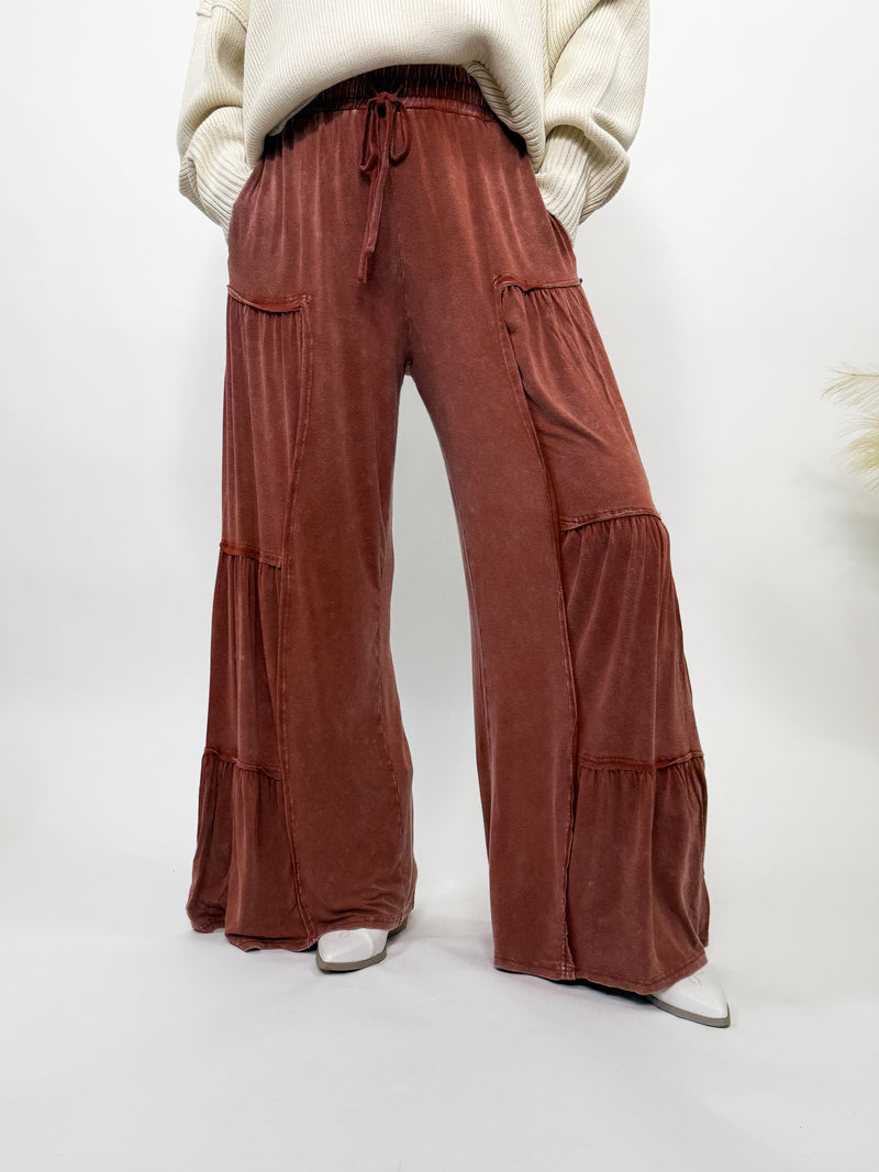 Rusty Brick Acid Washed Tiered Flared Wide Leg Boho Pants