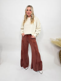 Rusty Brick Acid Washed Tiered Flared Wide Leg Boho Pants