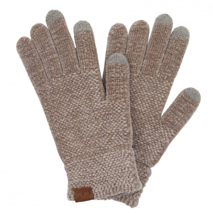 Taupe solid chenille knit smart touch gloves by CC brand, showcasing touchscreen compatibility and cozy chenille knit fabric.