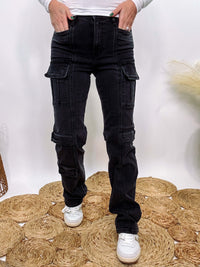 Tracey Vintage Black Cargo Straight Leg Jeans with high rise, cargo pockets, and a vintage black wash. Features stretchy, comfortable fabric for all-day wear.