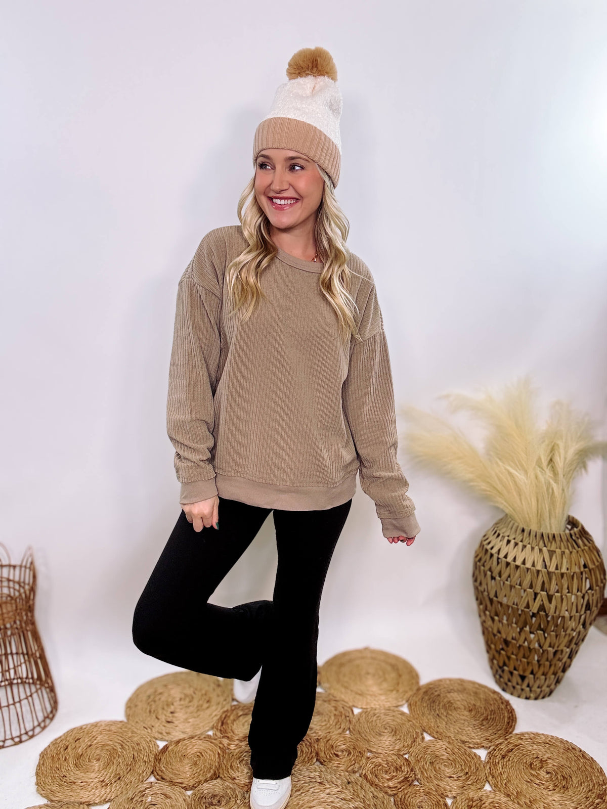 Washed Brown Oversized Ribbed Long Sleeve Top with Soft Texture and Exposed Stitch Details – Cozy and Stylish Layering Piece for Fall and Winter. Perfect for Casual Outfits, Lounging, or Pairing with Jackets.