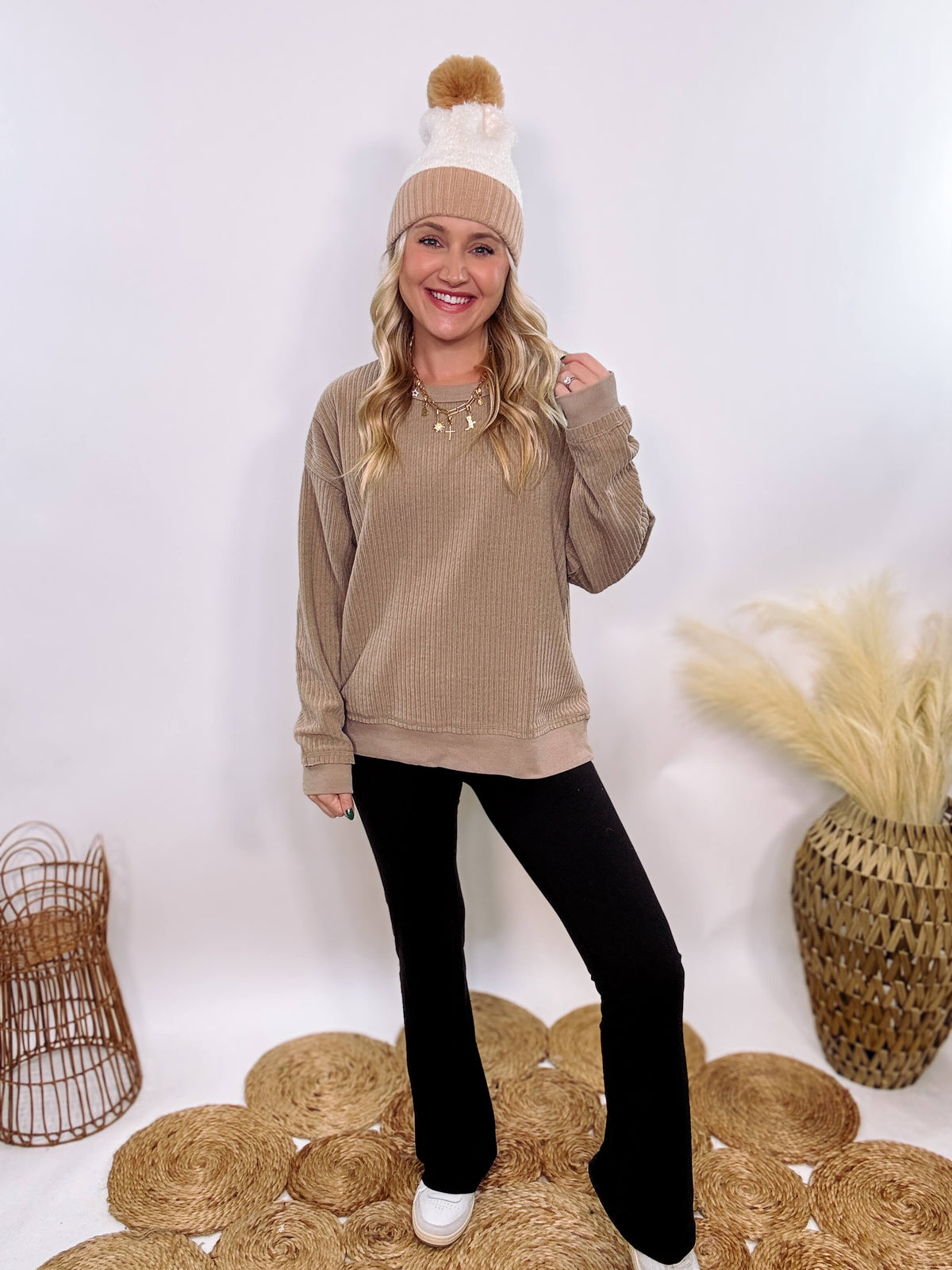 Washed Brown Oversized Ribbed Long Sleeve Top with Soft Texture and Exposed Stitch Details – Cozy and Stylish Layering Piece for Fall and Winter. Perfect for Casual Outfits, Lounging, or Pairing with Jackets.