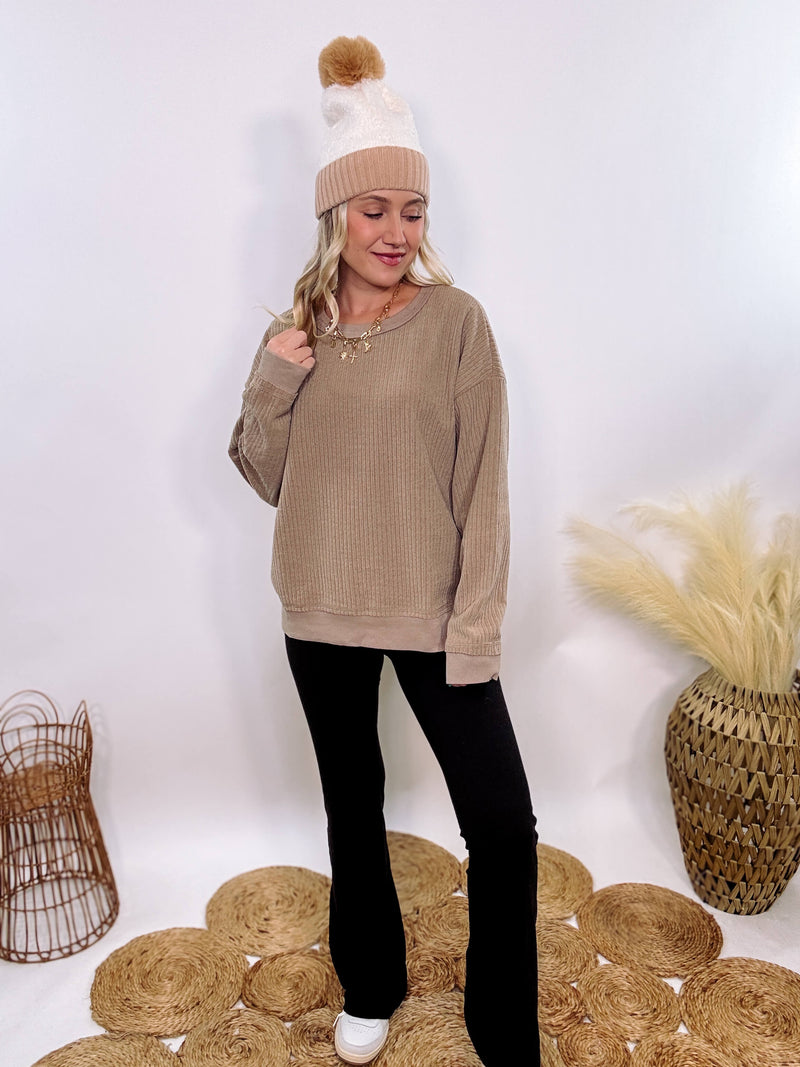 Washed Brown Oversized Ribbed Long Sleeve Top with Soft Texture and Exposed Stitch Details – Cozy and Stylish Layering Piece for Fall and Winter. Perfect for Casual Outfits, Lounging, or Pairing with Jackets.