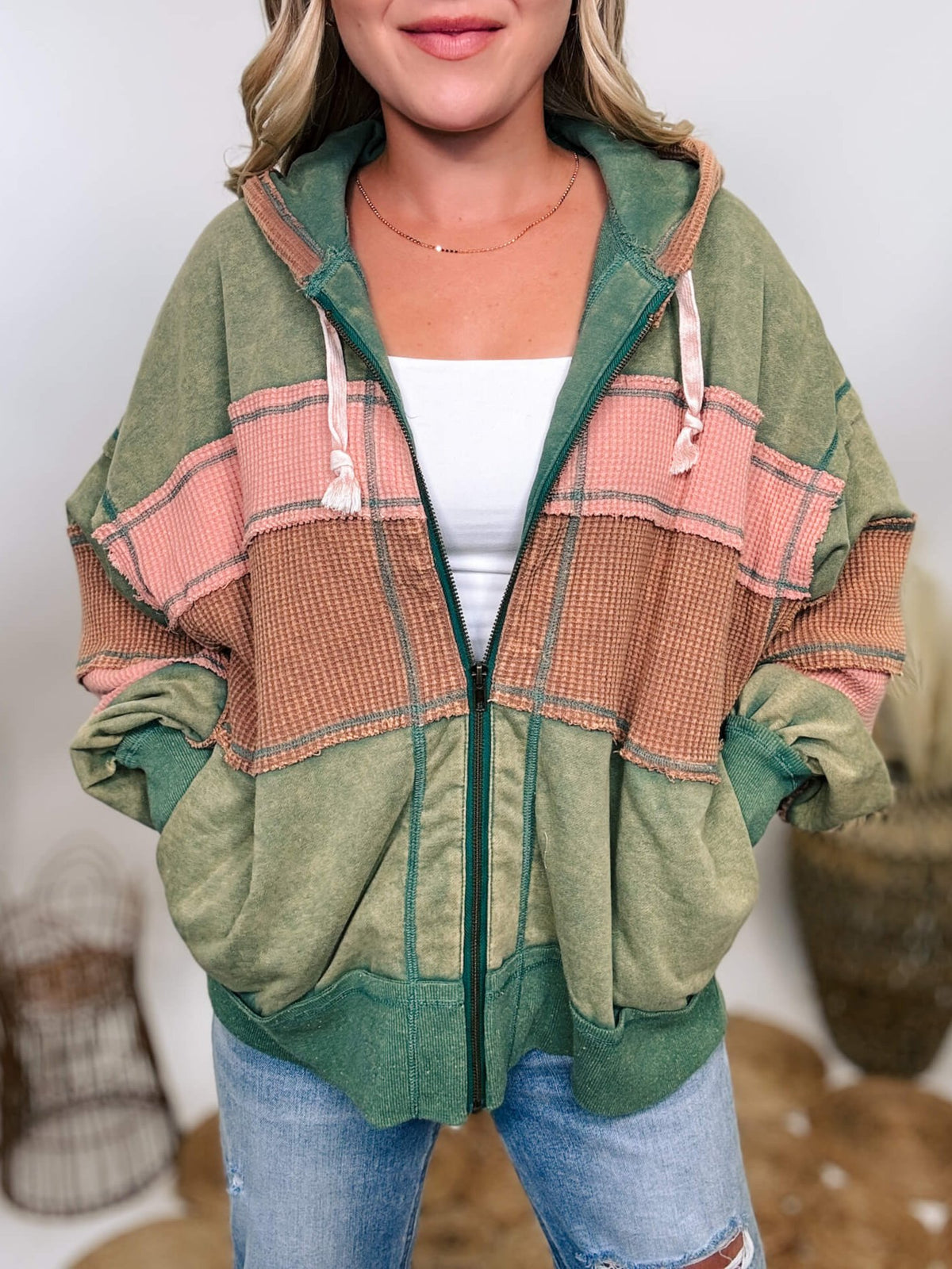 Washed pink, green, and camel color block zip-up thermal hoodie jacket by Oli & Hali with relaxed fit and side pockets