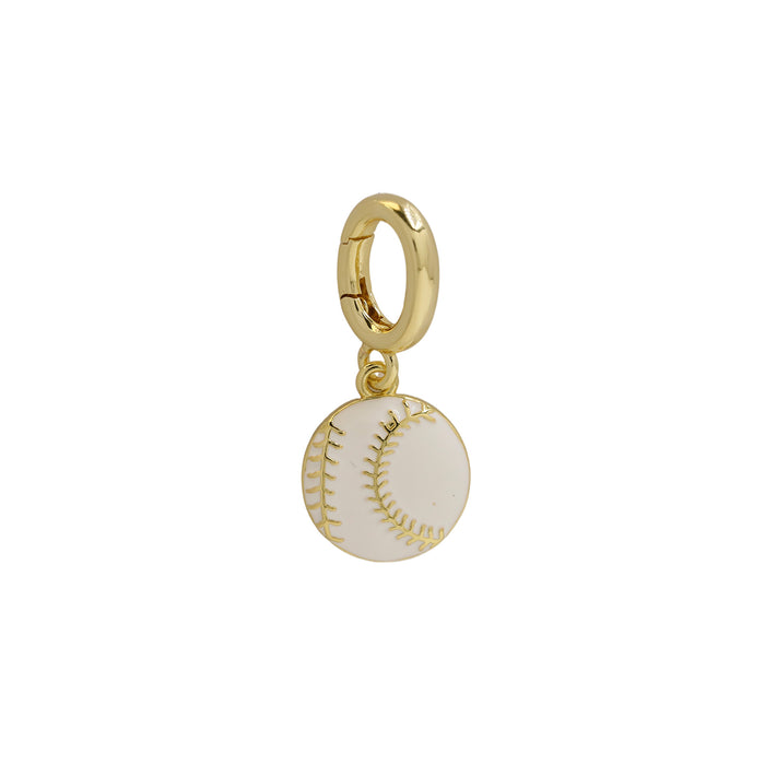 White baseball charm with gold details and interchangeable clasp for necklaces or shoelaces, perfect for sports moms, baseball lovers, and gifting at Bmaes Boutique.