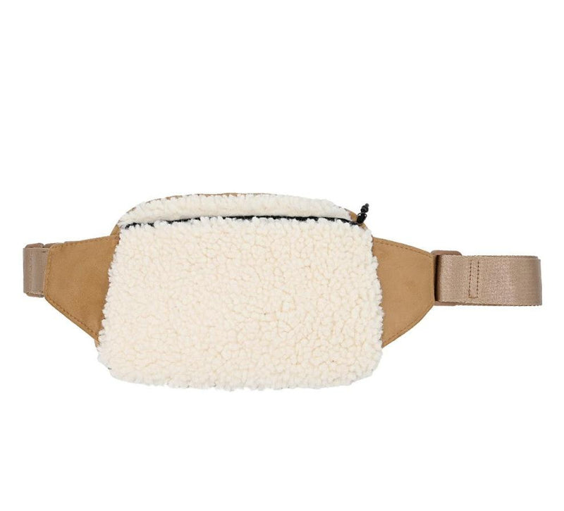 White Sherpa and Tan Suede Fanny Pack with full zip closure, hidden back zip pocket, and adjustable strap for versatile wear.