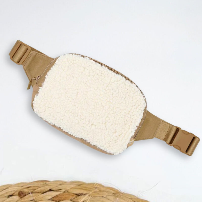 White Sherpa and Tan Suede Fanny Pack with full zip closure, hidden back zip pocket, and adjustable strap for versatile wear.