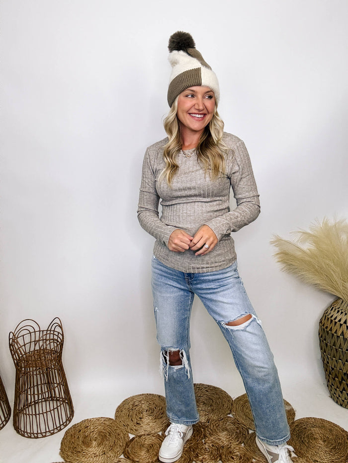 Zenana Mocha ribbed long sleeve top with round neck, perfect for layering.