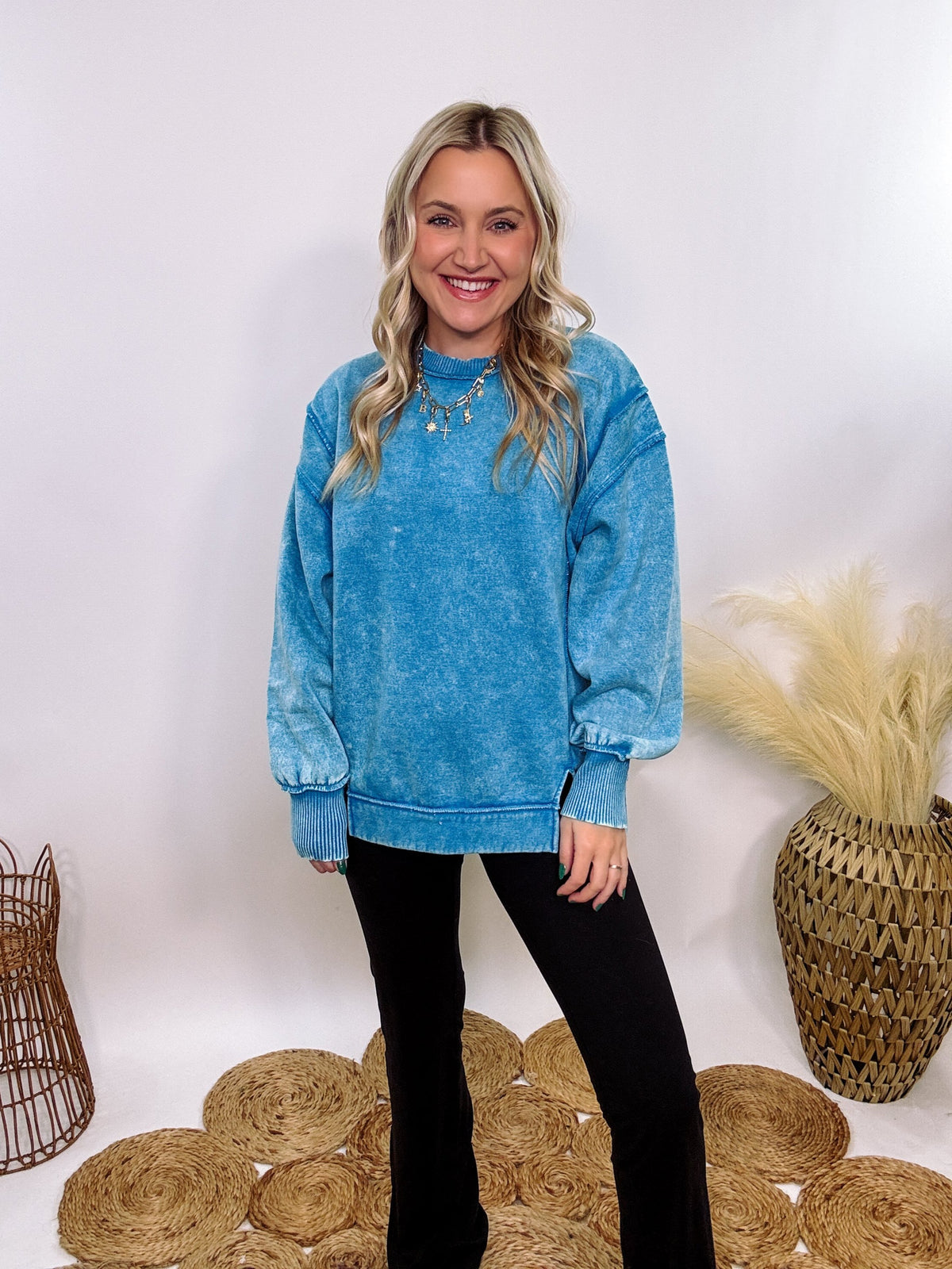 blue acid washed fleece pullover sweatshirt with exposed seams