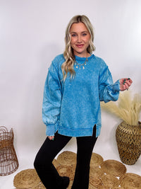 blue acid washed fleece pullover sweatshirt with exposed seams