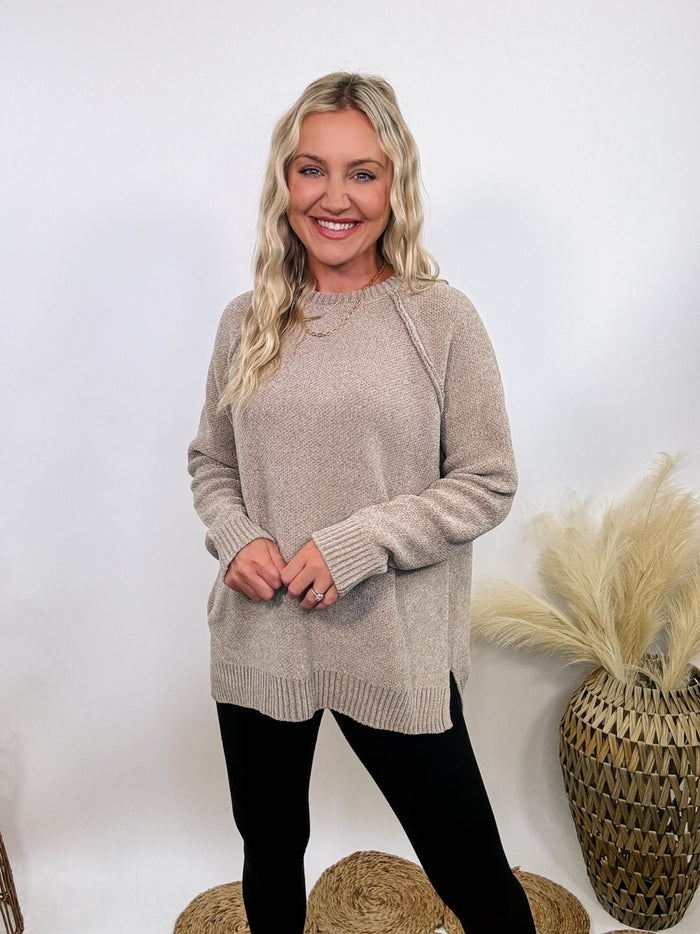 Zenana Light tan heather cocoa chenille sweater with seam details, ribbed neckline, wrists, and bottom hem, featuring side slits and long sleeves.