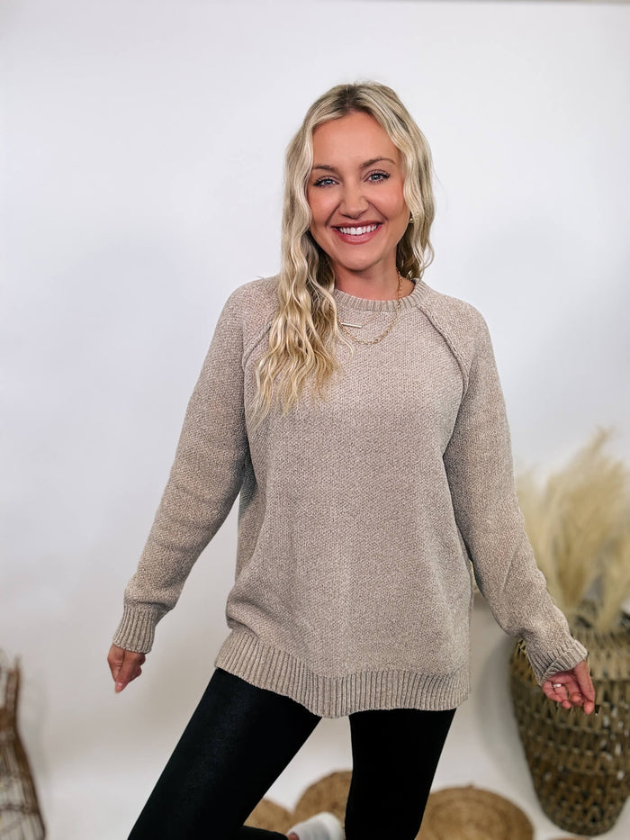 Zenana Light tan heather cocoa chenille sweater with seam details, ribbed neckline, wrists, and bottom hem, featuring side slits and long sleeves.