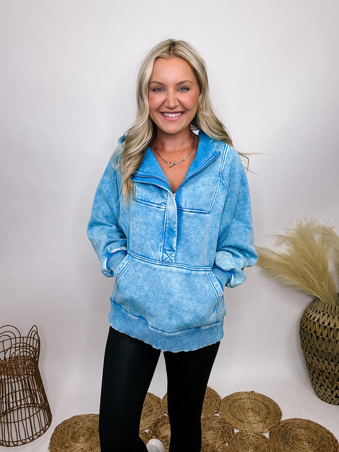 Zenana Sky blue acid-washed fleece oversized 1/4 zip hoodie with kangaroo pocket and ribbed cuffs.