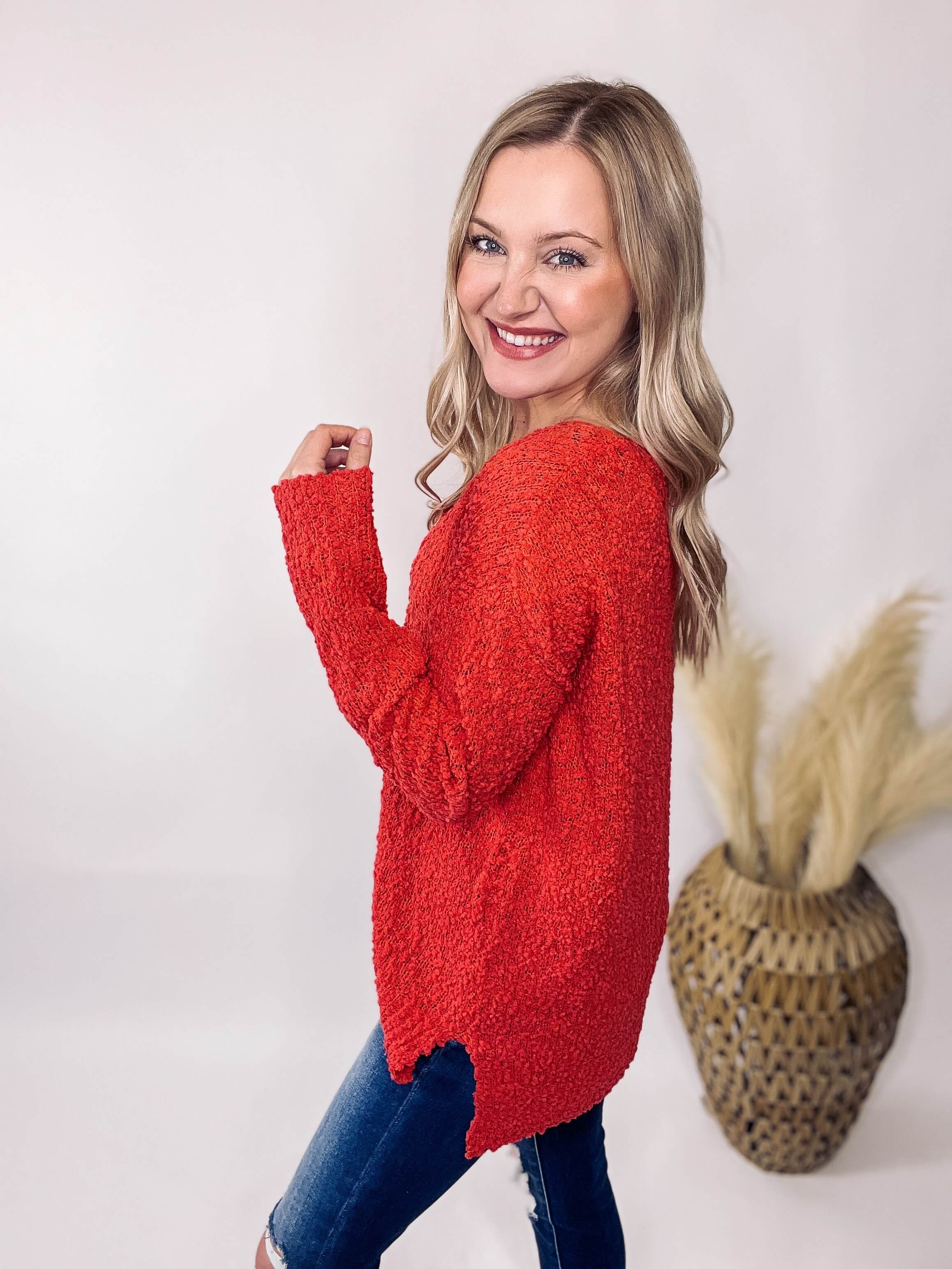 Women s Vibrant Red V Neck Popcorn Sweater Bmaes Boutique